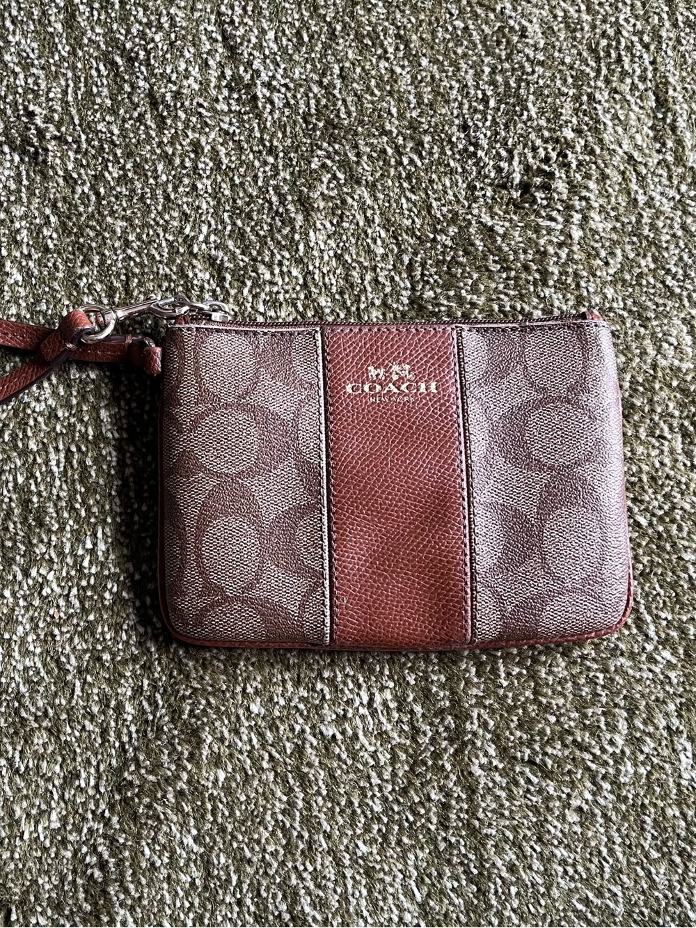 Coach Brown Signature Canvas Wristlet with Leather Trim